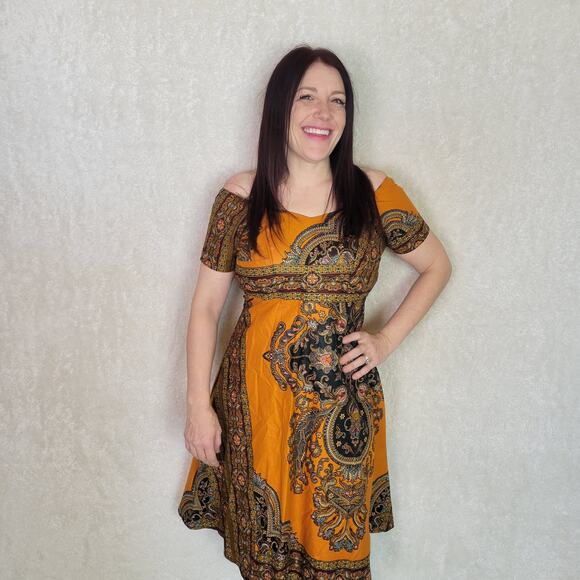 Handmade Orange Patterned Aline Midi Dress - Picture 2 of 4